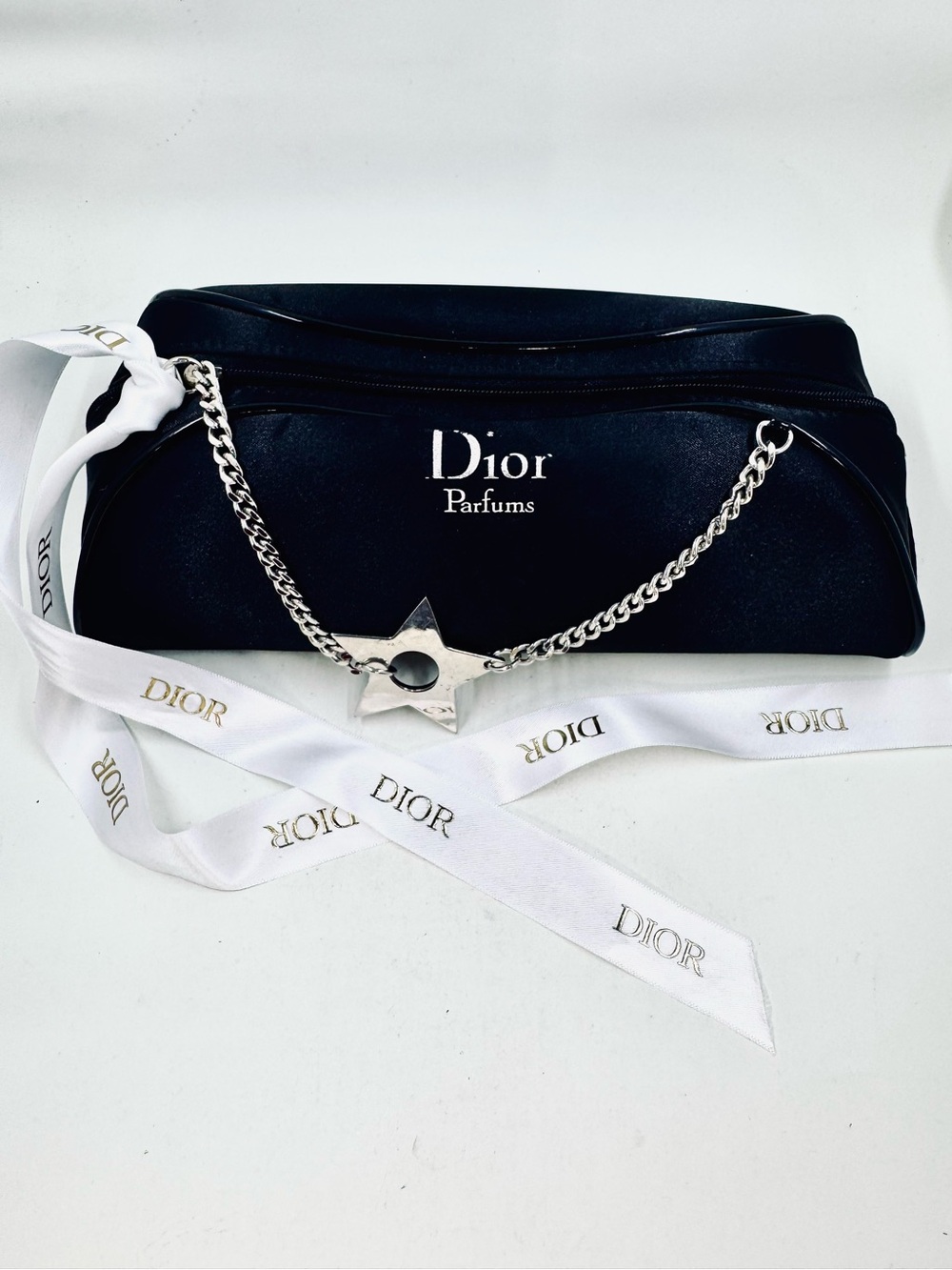 Dior Parfums Small Black Satin Zippered Cosmetic Bag W/Silver Star Chain &Ribbon